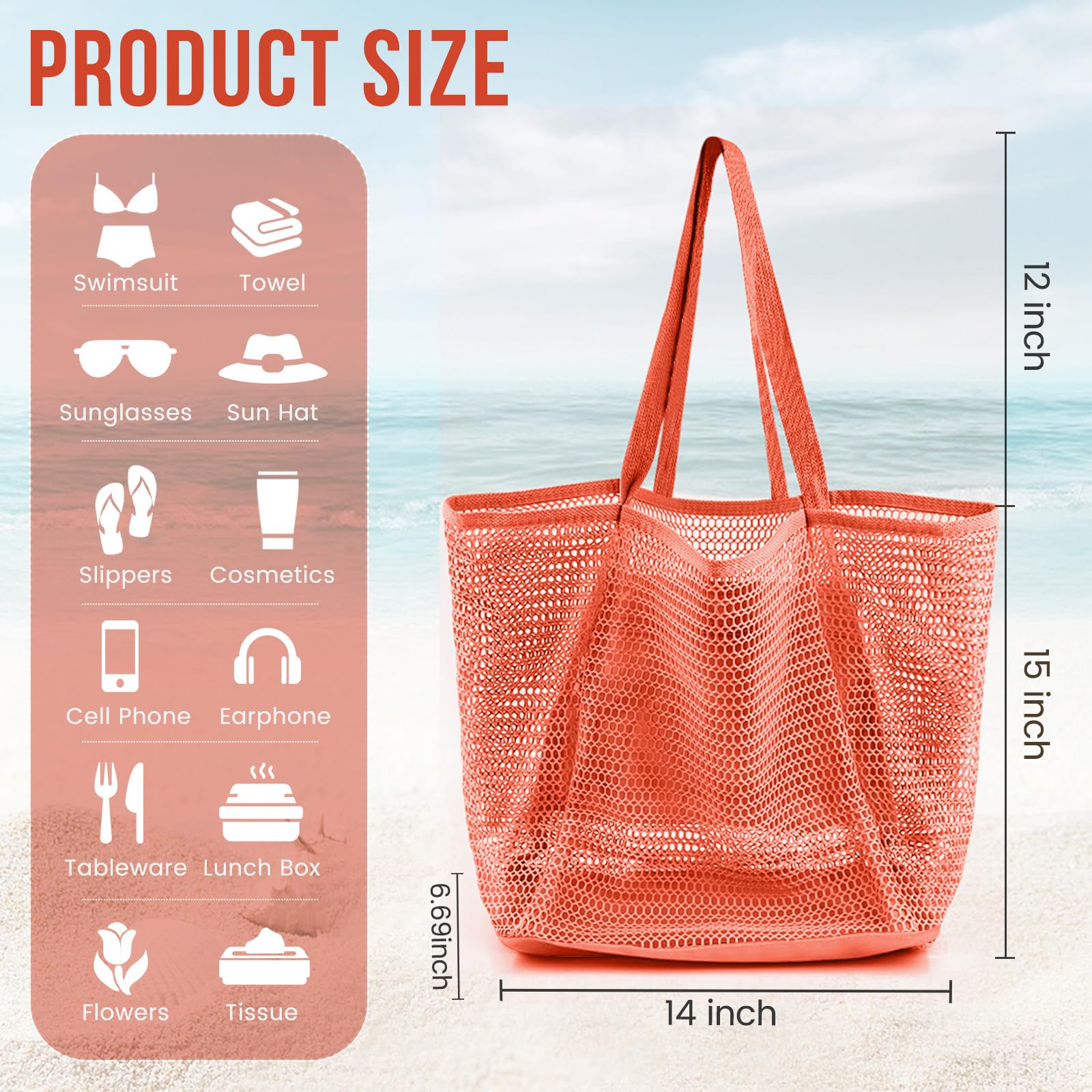 Beach Bags for Women, Summer Travel Mesh Tote Bag with Large Inner Pocket, Sandproof Woven Shoulder Handbag