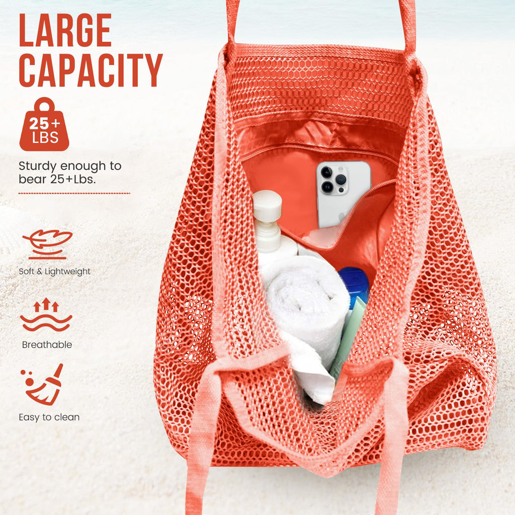 Beach Bags for Women, Summer Travel Mesh Tote Bag with Large Inner Pocket, Sandproof Woven Shoulder Handbag