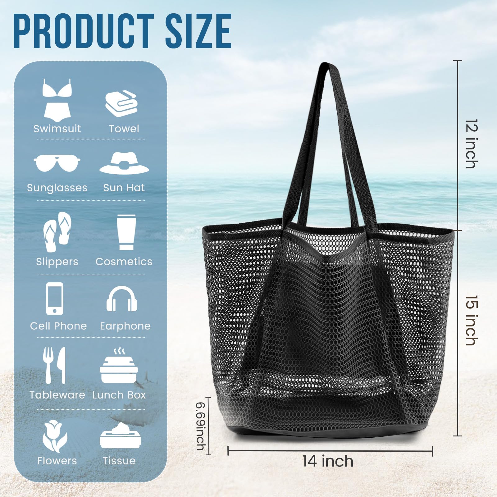 Beach Bags for Women, Summer Travel Mesh Tote Bag with Large Inner Pocket, Sandproof Woven Shoulder Handbag