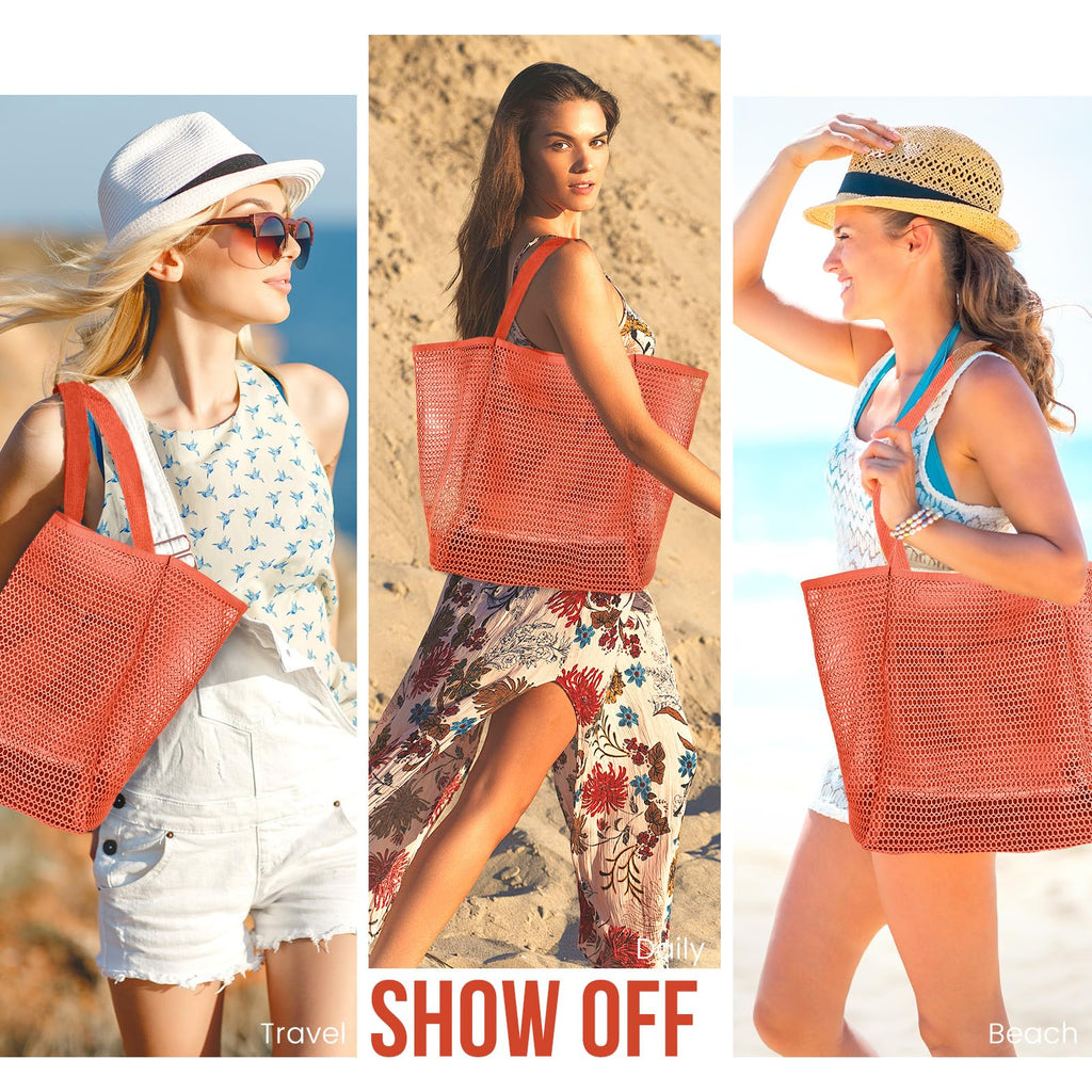 Beach Bags for Women, Summer Travel Mesh Tote Bag with Large Inner Pocket, Sandproof Woven Shoulder Handbag