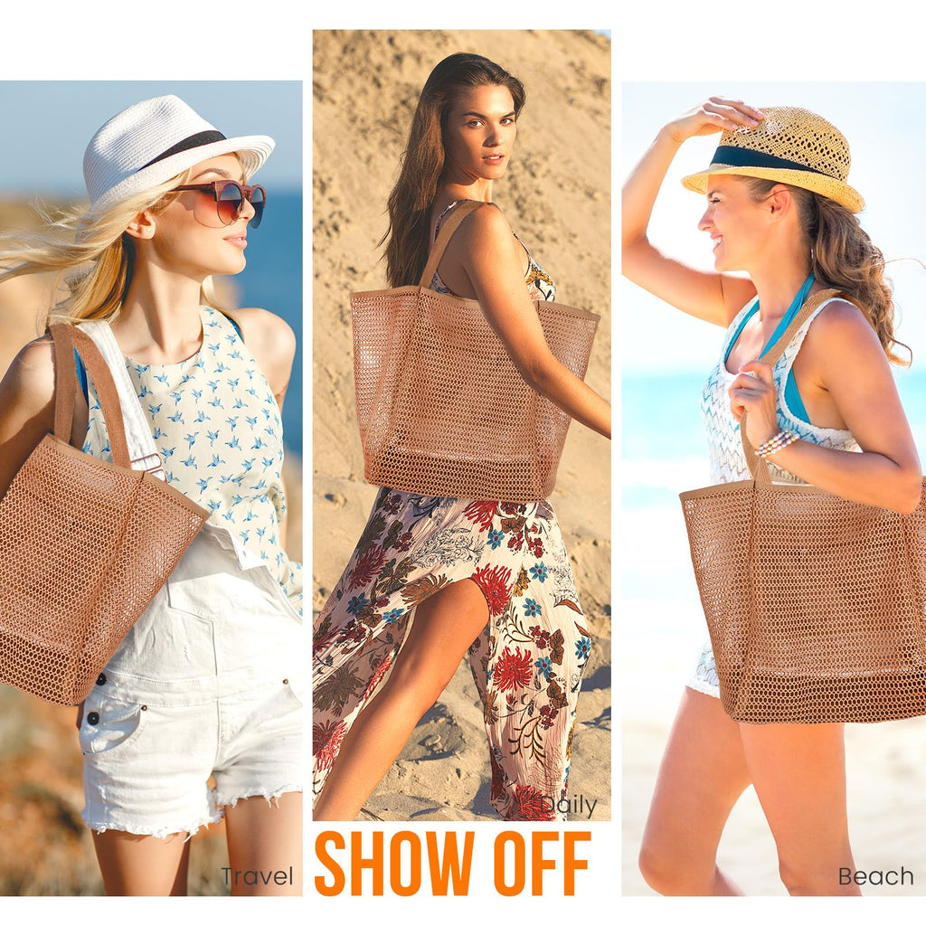 Beach Bags for Women, Summer Travel Mesh Tote Bag with Large Inner Pocket, Sandproof Woven Shoulder Handbag