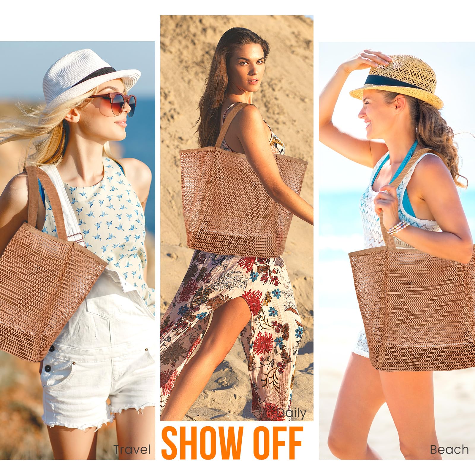 Beach Bags for Women, Summer Travel Mesh Tote Bag with Large Inner Pocket, Sandproof Woven Shoulder Handbag