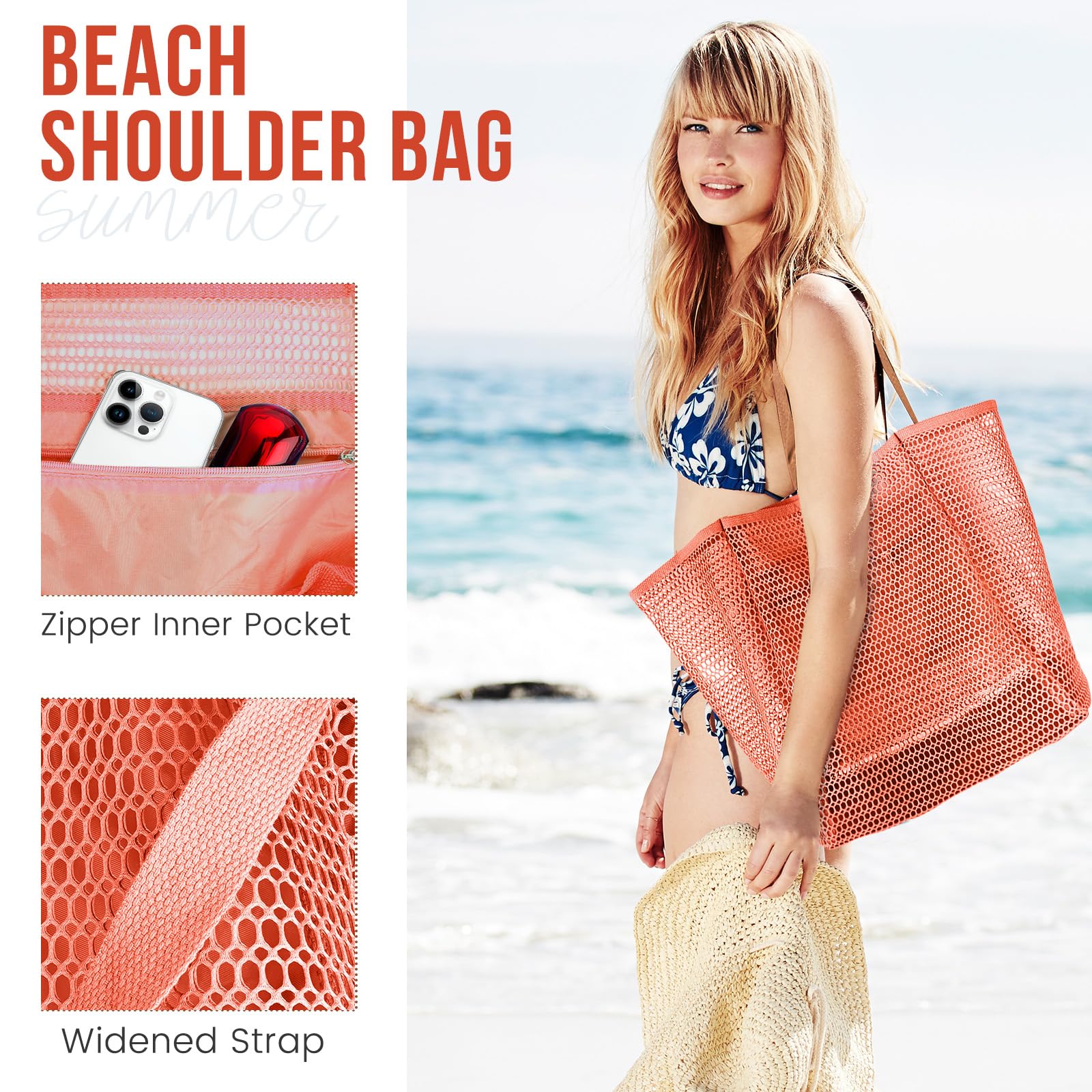 Beach Bags for Women, Summer Travel Mesh Tote Bag with Large Inner Pocket, Sandproof Woven Shoulder Handbag