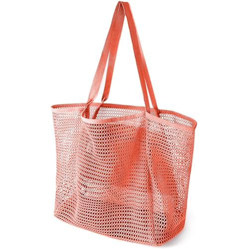 Beach Bags for Women, Summer Travel Mesh Tote Bag with Large Inner Pocket, Sandproof Woven Shoulder Handbag
