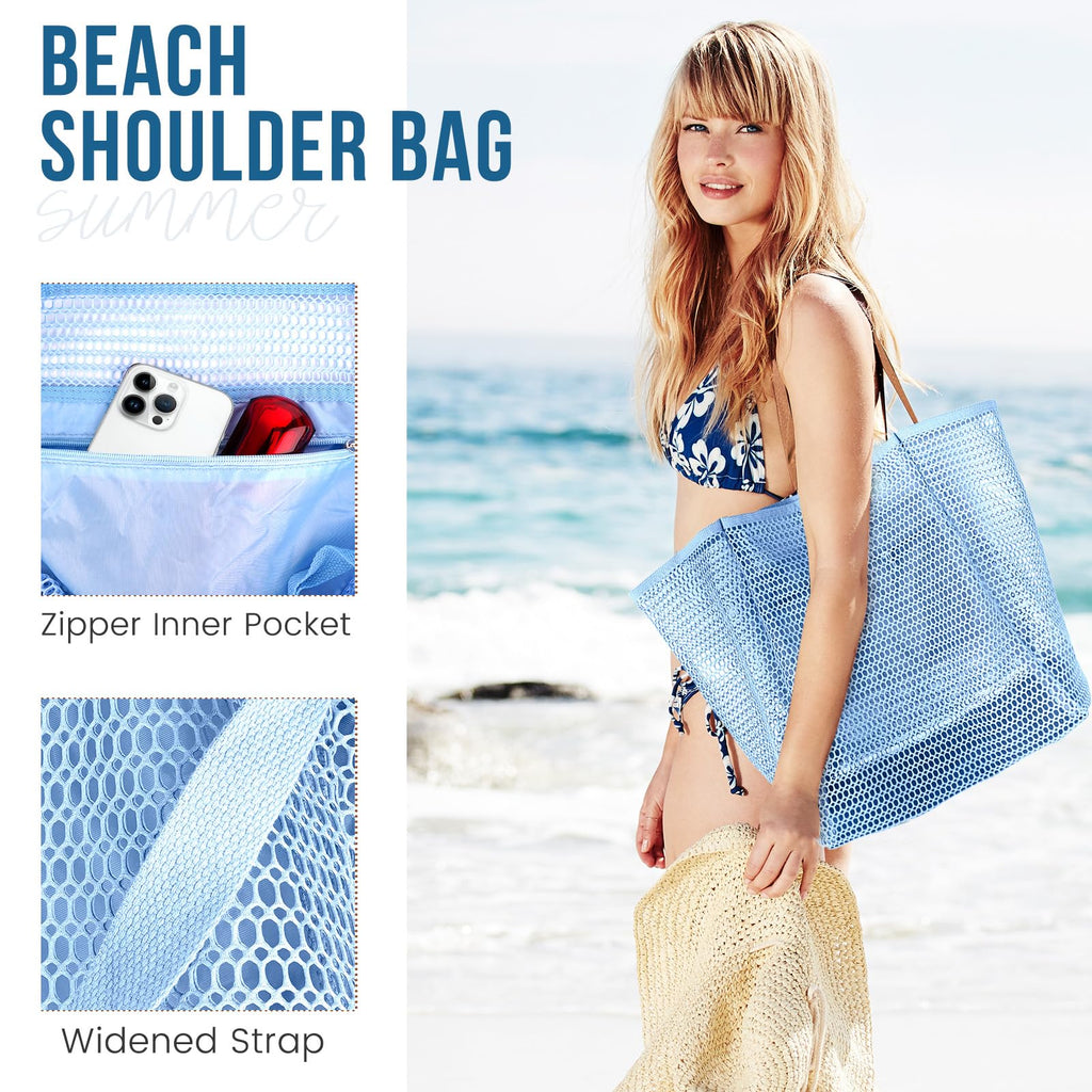 Beach Bags for Women, Summer Travel Mesh Tote Bag with Large Inner Pocket, Sandproof Woven Shoulder Handbag