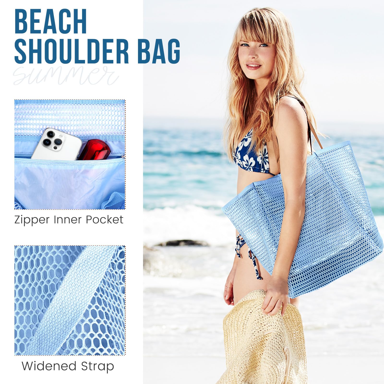 Beach Bags for Women, Summer Travel Mesh Tote Bag with Large Inner Pocket, Sandproof Woven Shoulder Handbag