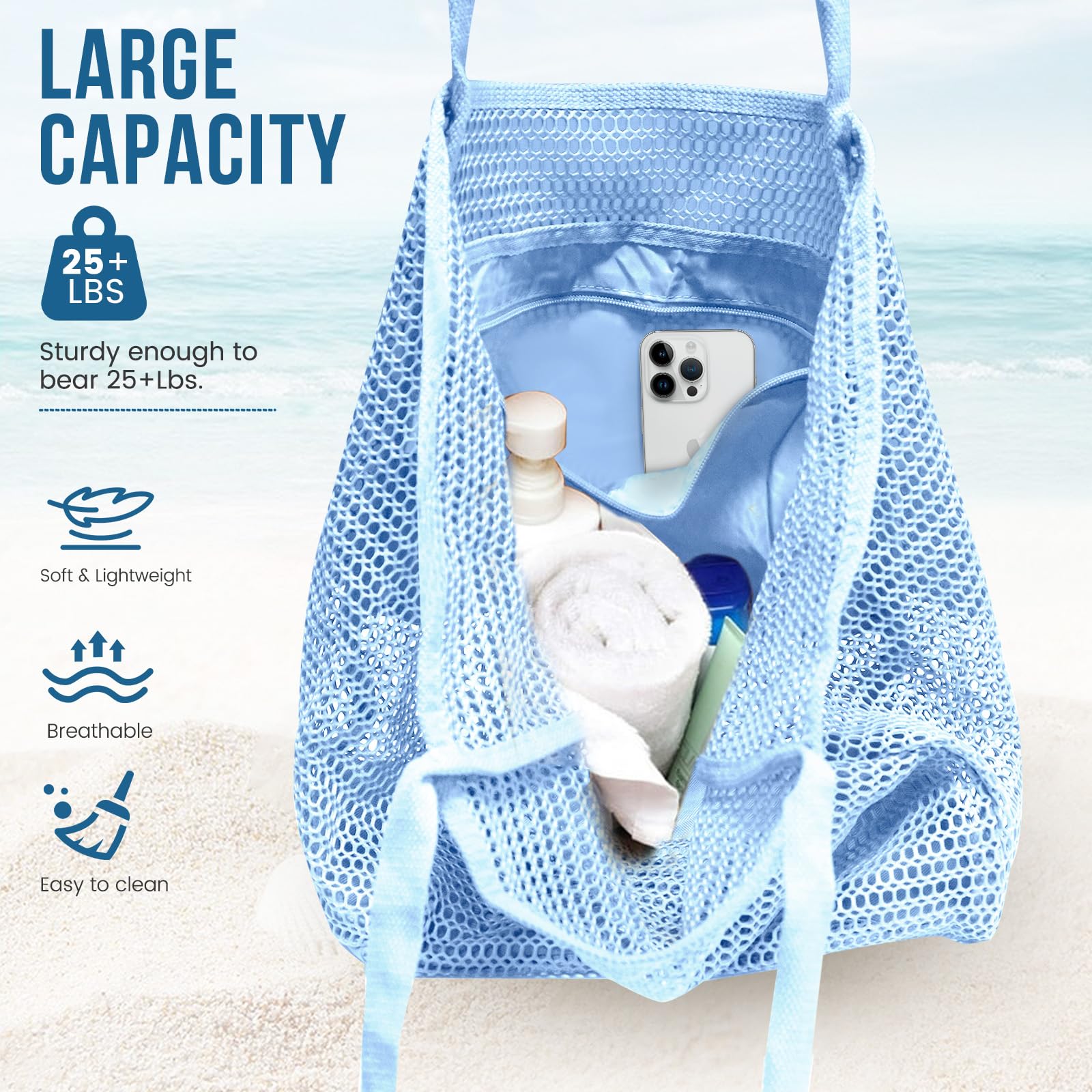 Beach Bags for Women, Summer Travel Mesh Tote Bag with Large Inner Pocket, Sandproof Woven Shoulder Handbag