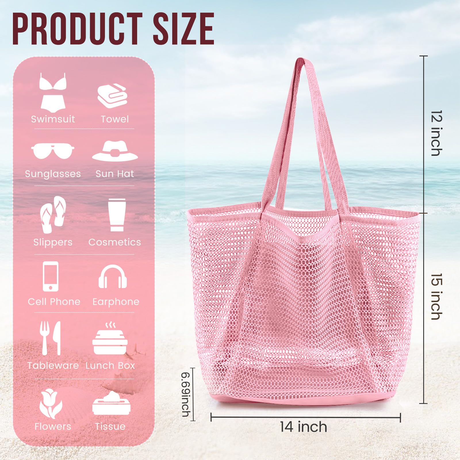 Beach Bags for Women, Summer Travel Mesh Tote Bag with Large Inner Pocket, Sandproof Woven Shoulder Handbag
