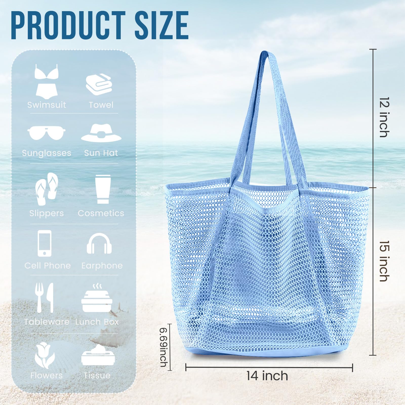 Beach Bags for Women, Summer Travel Mesh Tote Bag with Large Inner Pocket, Sandproof Woven Shoulder Handbag