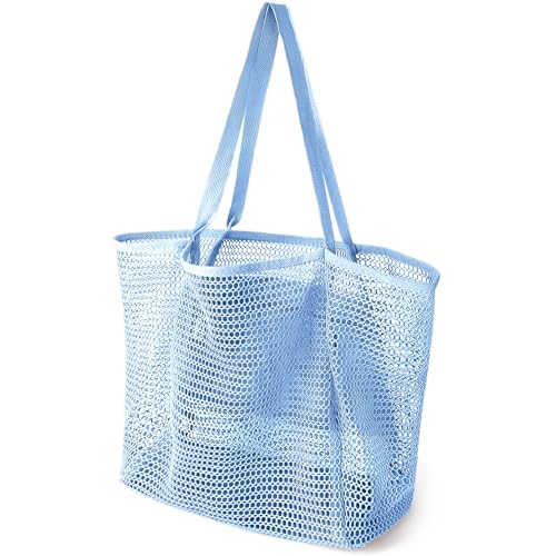 Beach Bags for Women, Summer Travel Mesh Tote Bag with Large Inner Pocket, Sandproof Woven Shoulder Handbag