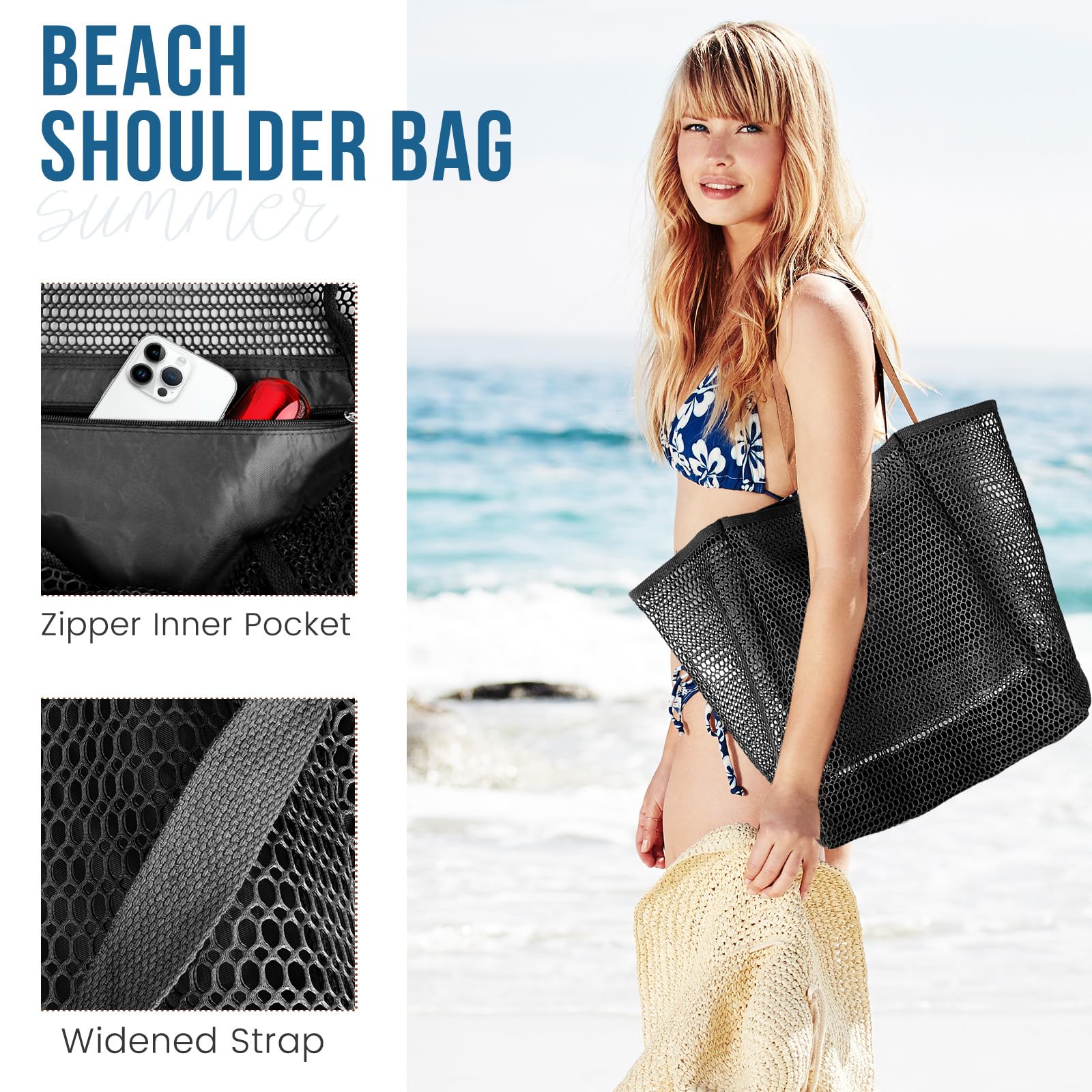 Beach Bags for Women, Summer Travel Mesh Tote Bag with Large Inner Pocket, Sandproof Woven Shoulder Handbag