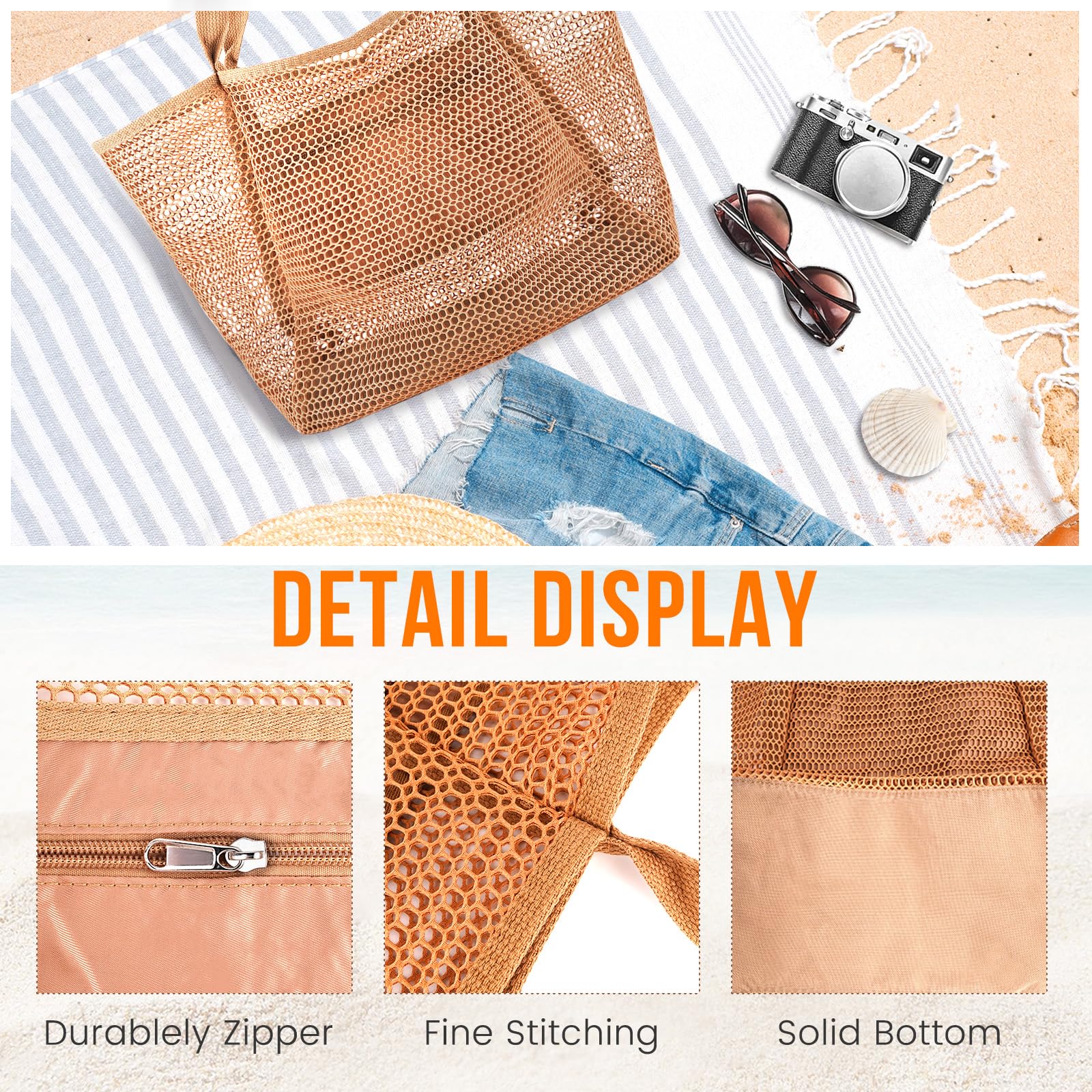 Beach Bags for Women, Summer Travel Mesh Tote Bag with Large Inner Pocket, Sandproof Woven Shoulder Handbag