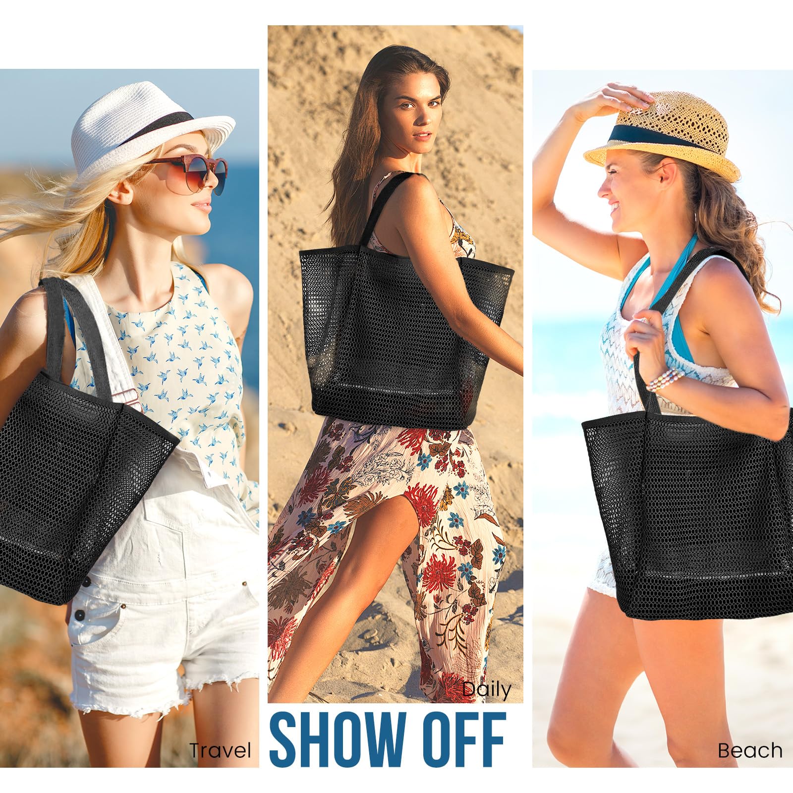 Beach Bags for Women, Summer Travel Mesh Tote Bag with Large Inner Pocket, Sandproof Woven Shoulder Handbag