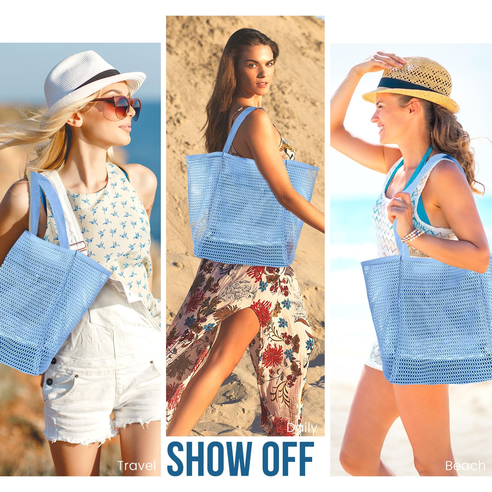 Beach Bags for Women, Summer Travel Mesh Tote Bag with Large Inner Pocket, Sandproof Woven Shoulder Handbag