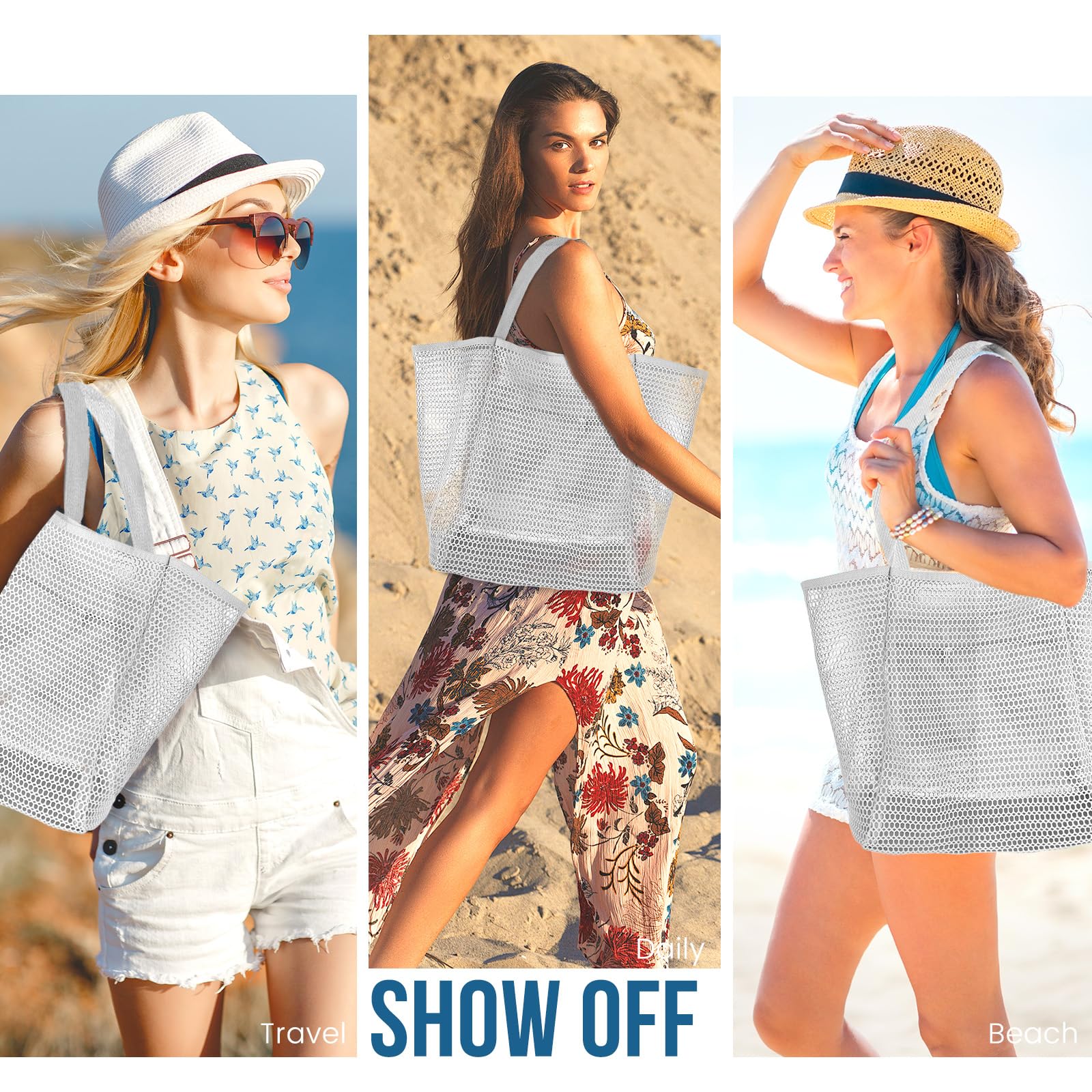 Beach Bags for Women, Summer Travel Mesh Tote Bag with Large Inner Pocket, Sandproof Woven Shoulder Handbag