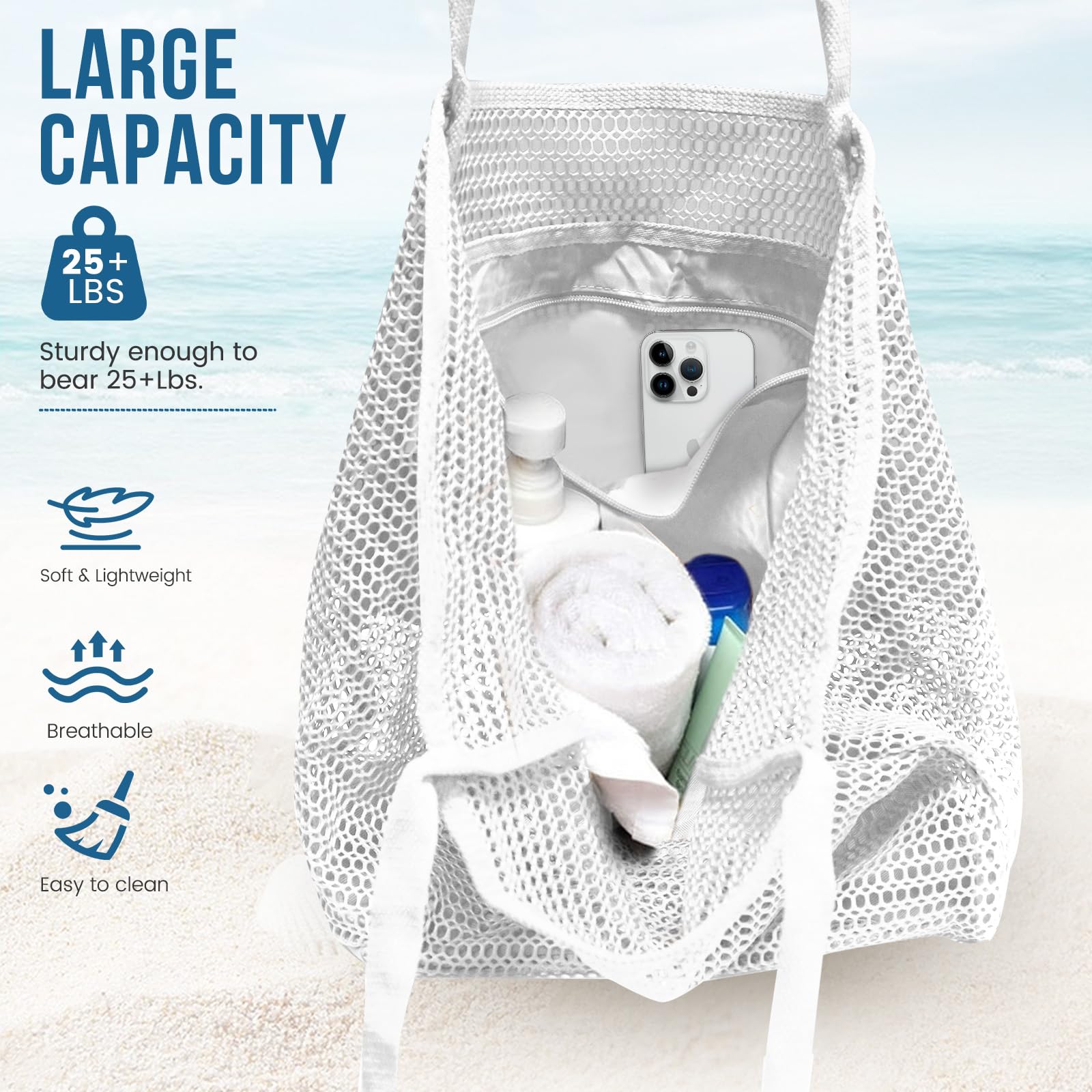 Beach Bags for Women, Summer Travel Mesh Tote Bag with Large Inner Pocket, Sandproof Woven Shoulder Handbag
