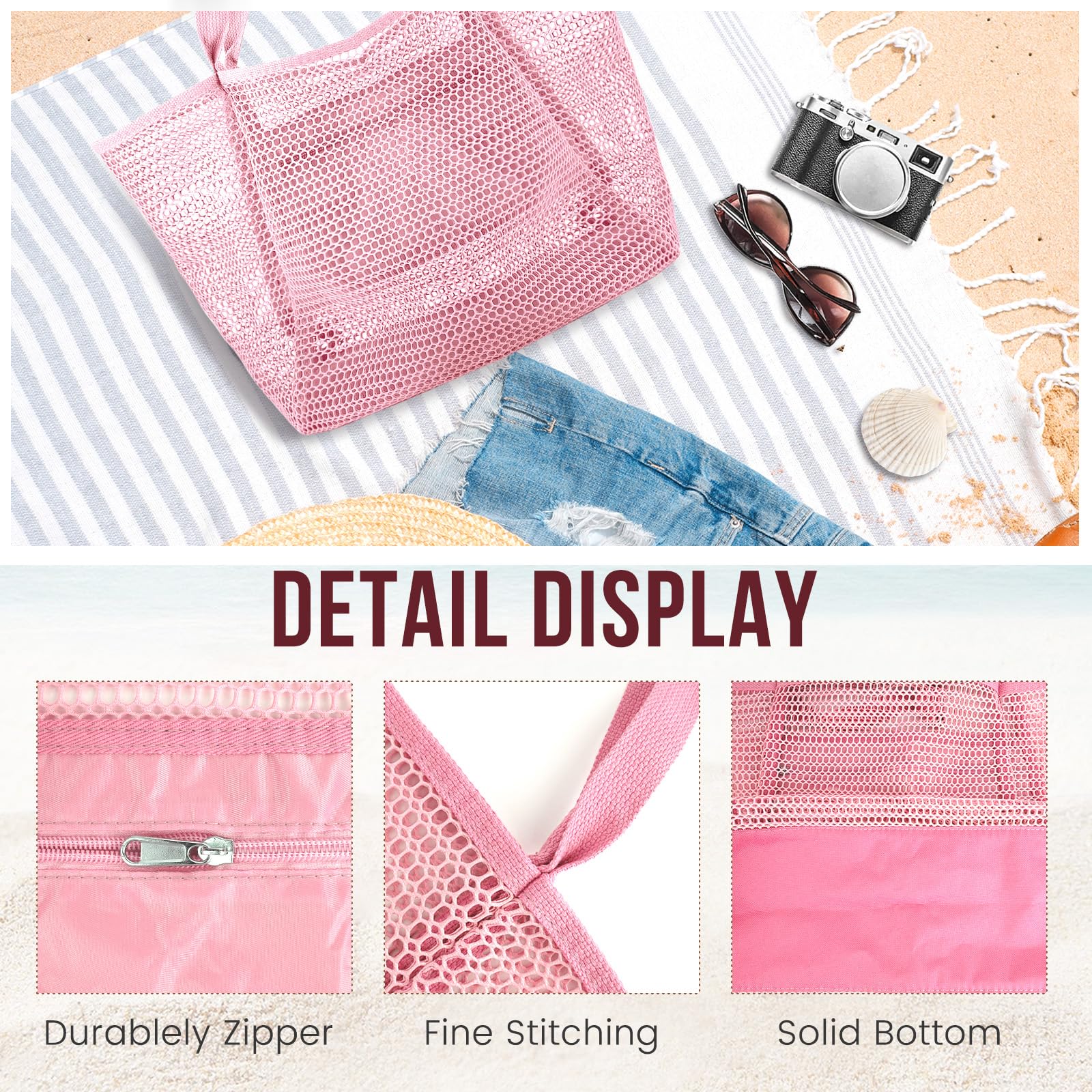 Beach Bags for Women, Summer Travel Mesh Tote Bag with Large Inner Pocket, Sandproof Woven Shoulder Handbag