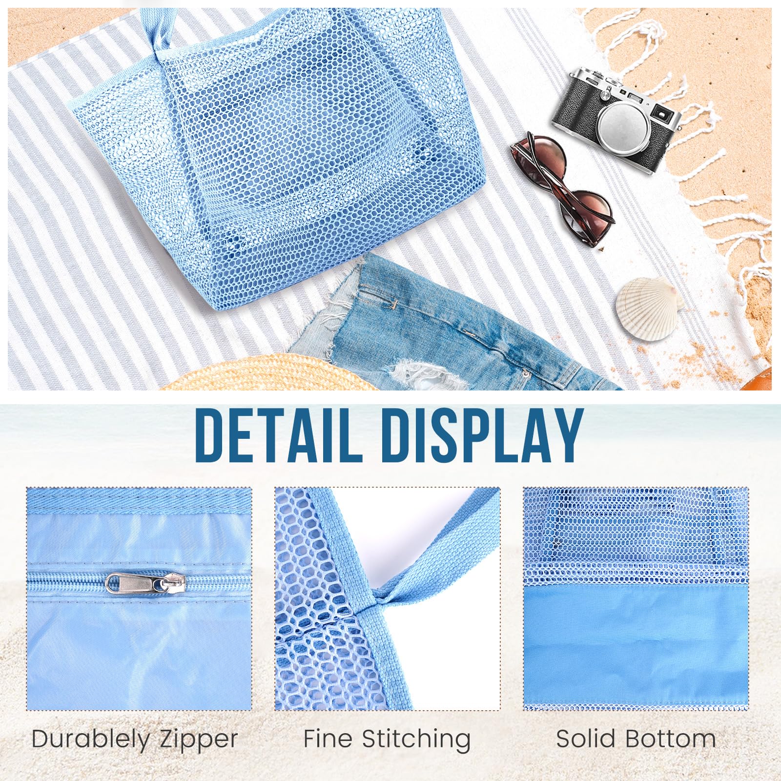 Beach Bags for Women, Summer Travel Mesh Tote Bag with Large Inner Pocket, Sandproof Woven Shoulder Handbag