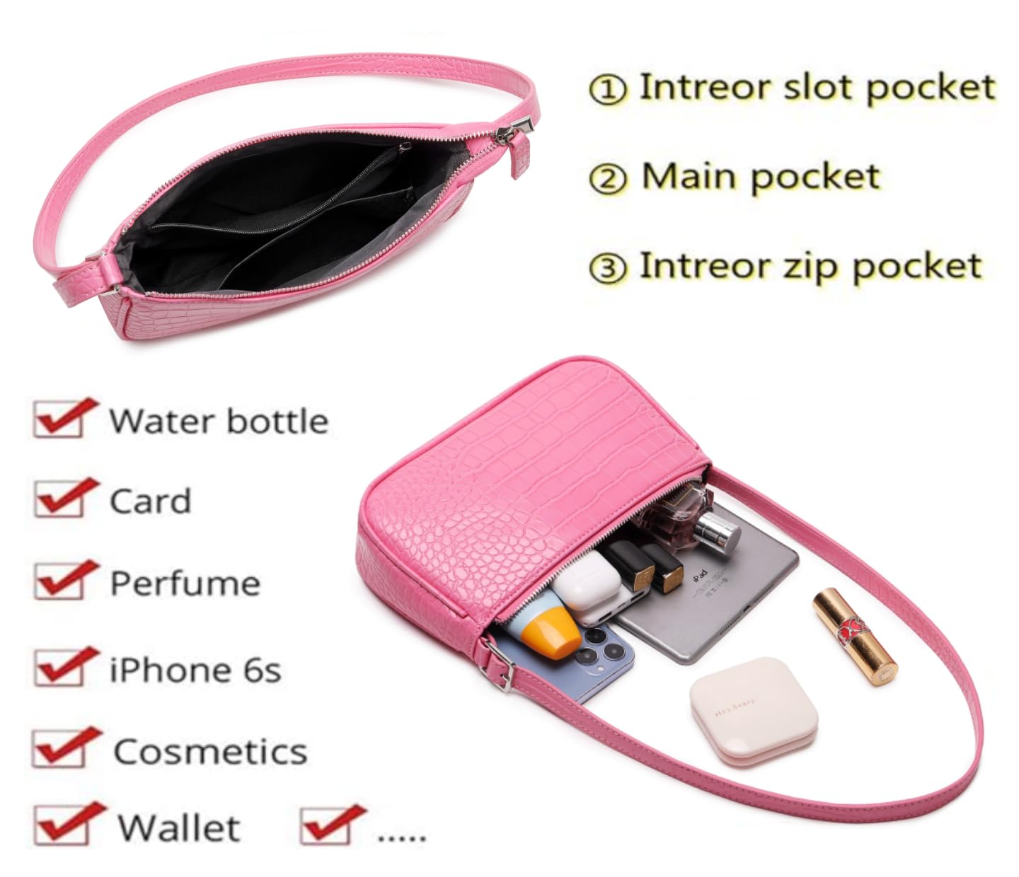 Small Purse for Women, Adjustable Shoulder Bags Crocodile Pattern Clutch Purse with Zipper Closure Retro