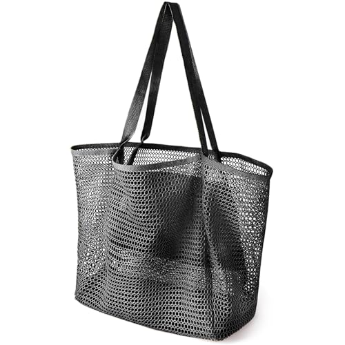 Beach Bags for Women, Summer Travel Mesh Tote Bag with Large Inner Pocket, Sandproof Woven Shoulder Handbag
