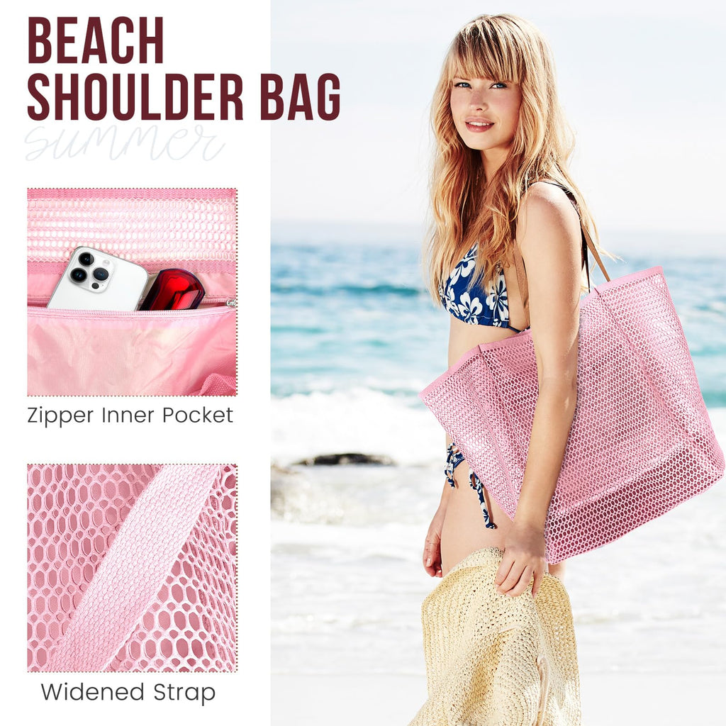 Beach Bags for Women, Summer Travel Mesh Tote Bag with Large Inner Pocket, Sandproof Woven Shoulder Handbag