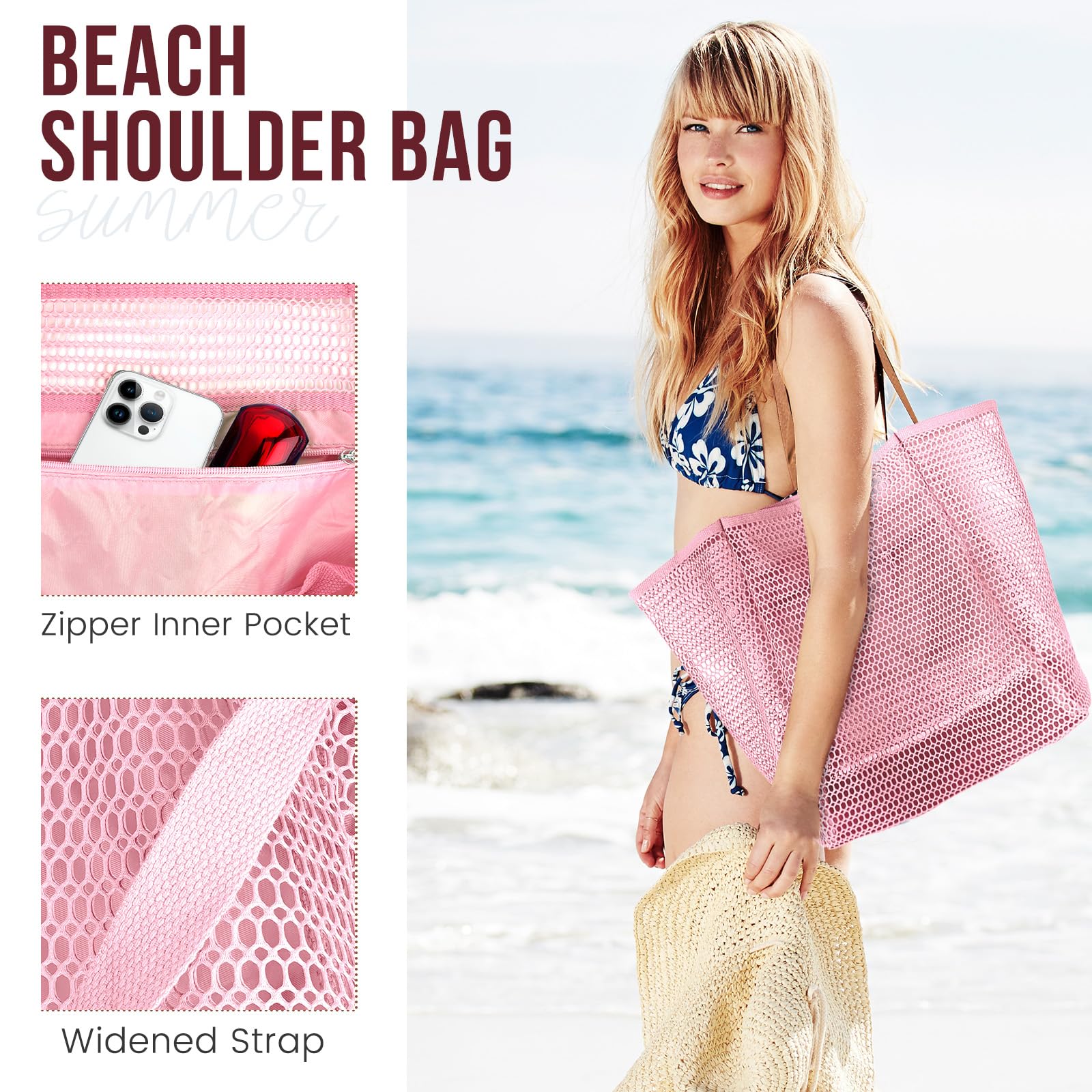 Beach Bags for Women, Summer Travel Mesh Tote Bag with Large Inner Pocket, Sandproof Woven Shoulder Handbag