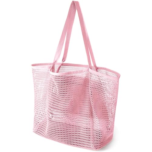 Beach Bags for Women, Summer Travel Mesh Tote Bag with Large Inner Pocket, Sandproof Woven Shoulder Handbag