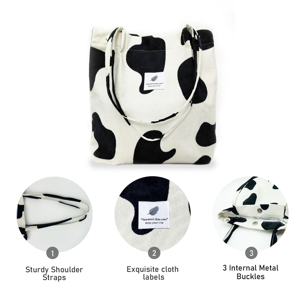 TELLUMO Fashion Corduroy Tote Bag Cow Print Bag Purses for Women Teen Girls with Inner Pocket