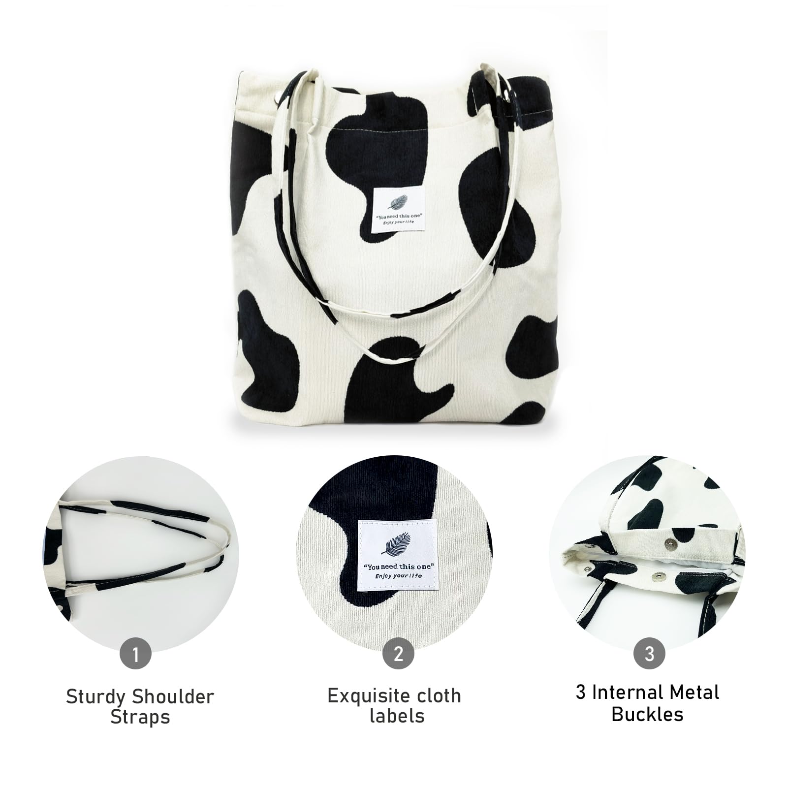 TELLUMO Fashion Corduroy Tote Bag Cow Print Bag Purses for Women Teen Girls with Inner Pocket
