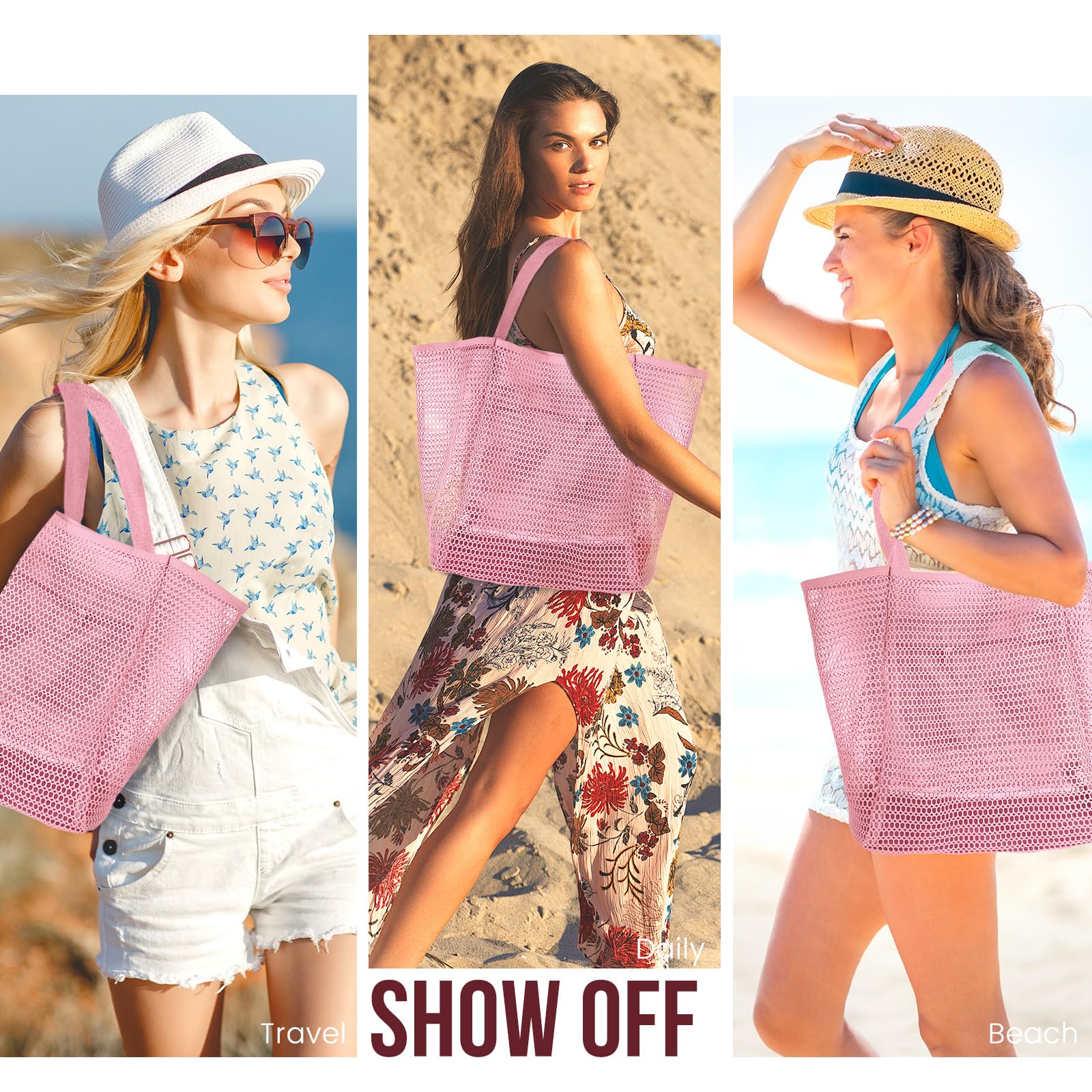 Beach Bags for Women, Summer Travel Mesh Tote Bag with Large Inner Pocket, Sandproof Woven Shoulder Handbag